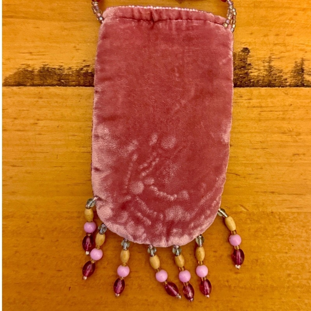 Vintage Pink Velvet Beaded Kokopelli Pouch Necklace Boho Crossbody Mini Bag 90s - Picture 4 of 12